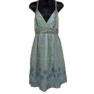 Morrell Maxie Women Silk Dress Size 6 Blue Green Fit Flare V-Neck Women Zip New